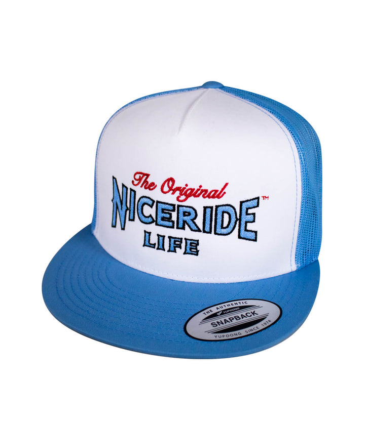 NICERIDE Life snapback hat with blue visor and embroidered logo, perfect for outdoor adventures.