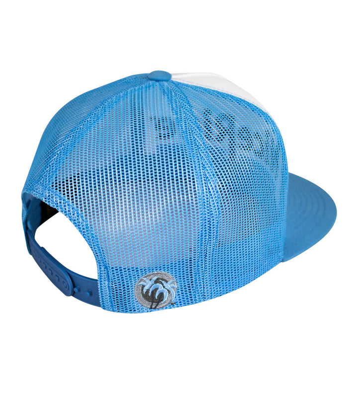 Back view of the Low Tide trucker hat showing mesh design and palm logo, perfect summer hat.