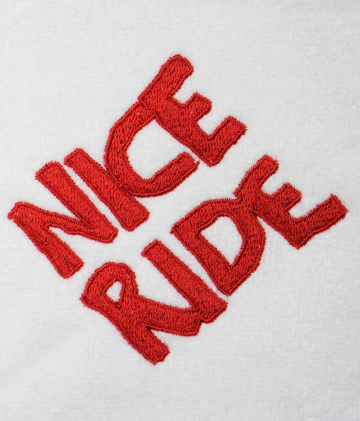 CR Ride golf towel featuring bold red NICERIDE logo on soft cotton fabric.