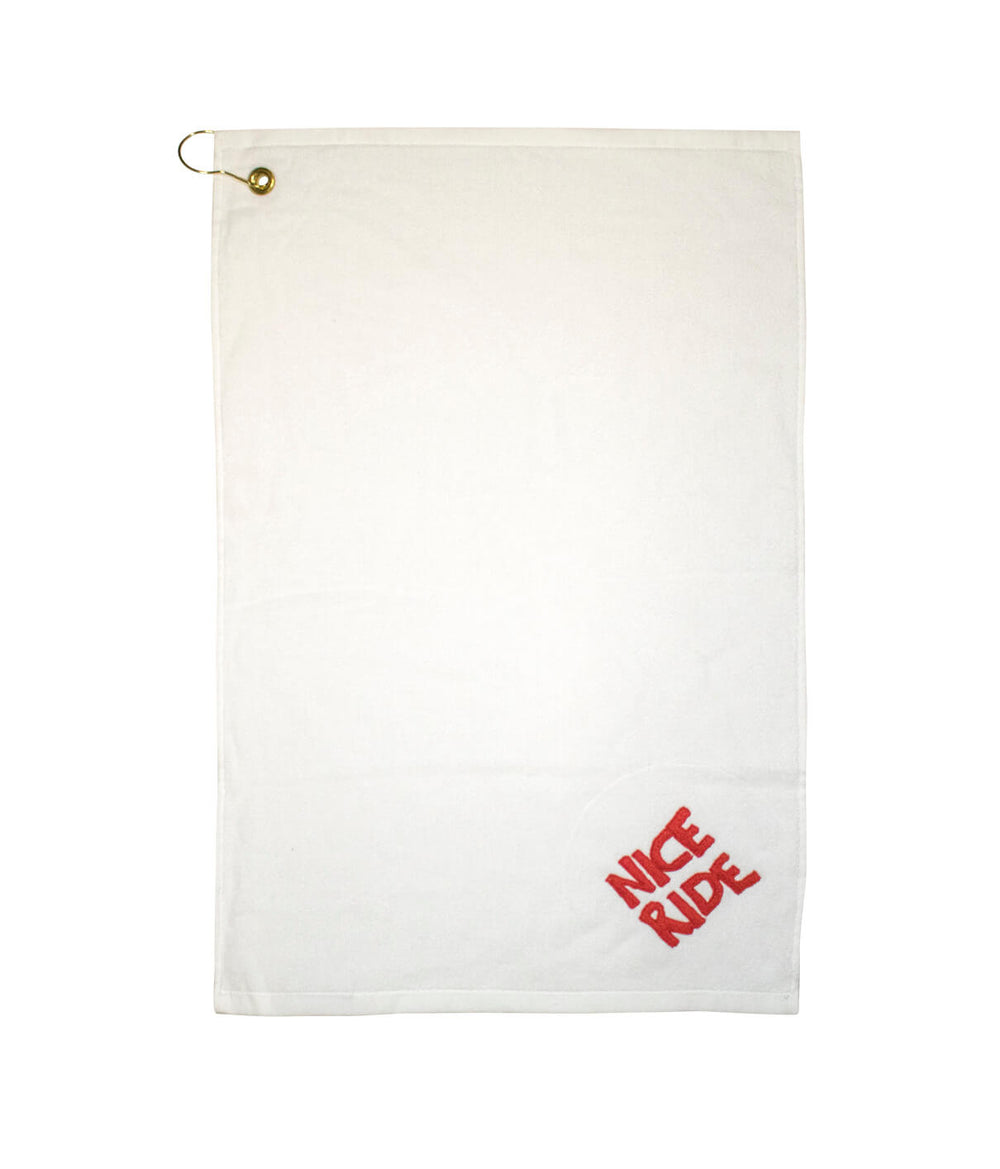 CR Ride golf towel featuring NICERIDE logo, heavy weight cotton, dobby hemmed with hook and grommet.