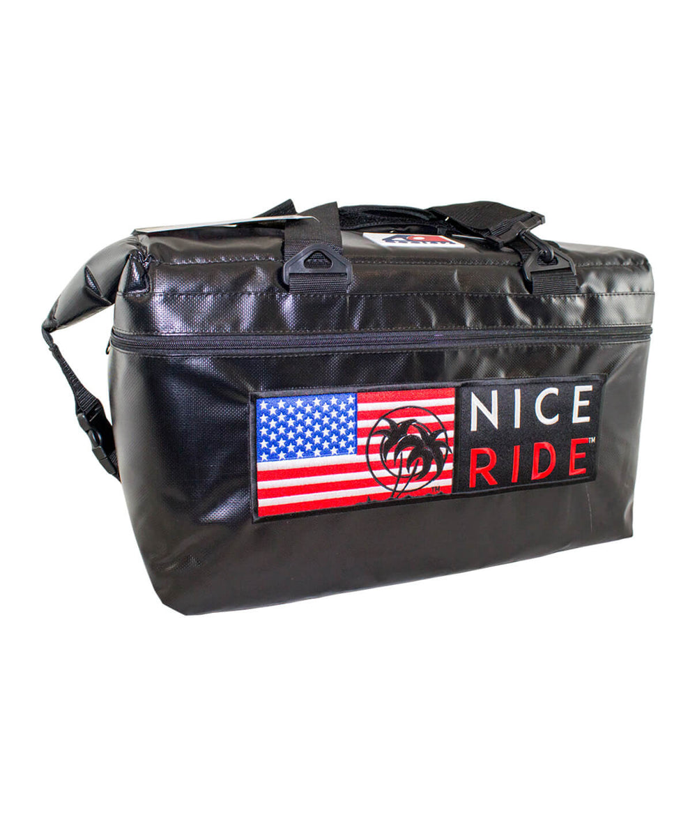 Black soft-sided cooler with 'Niceride Pride' design and American flag, perfect for holding 36 cans plus ice.