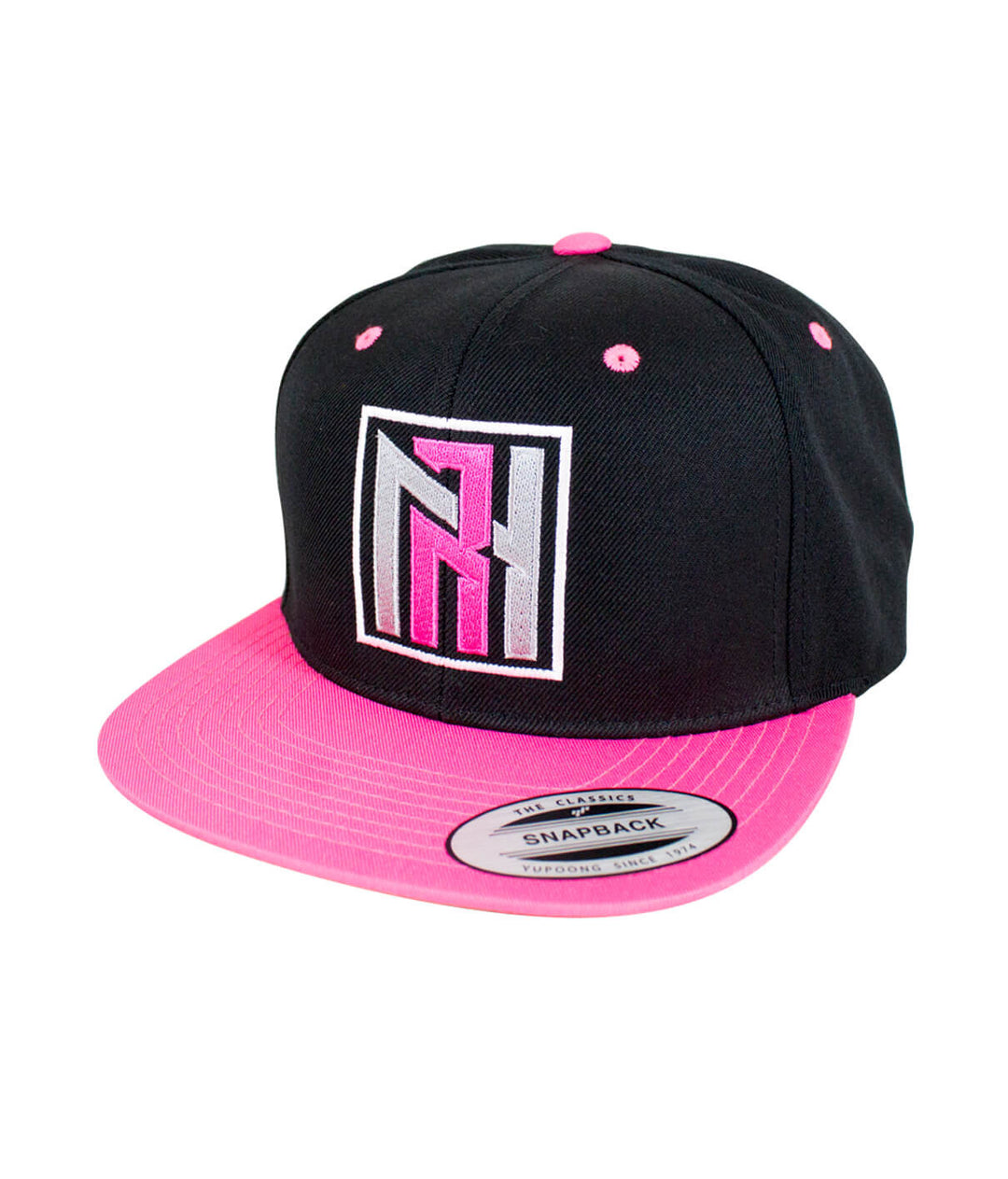 N-R Neon Snapback Hat featuring NICERIDE logo in neon colors on black cap with pink brim