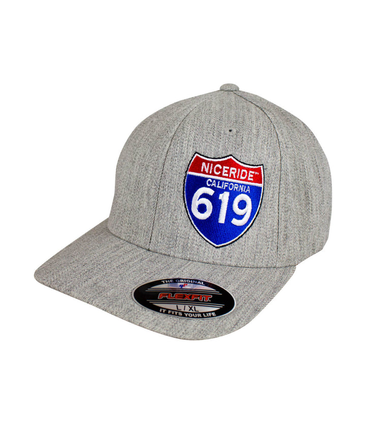 Interstate 619 Classic Flexfit Hat with NICERIDE logo on gray fabric, perfect hat for casual wear.