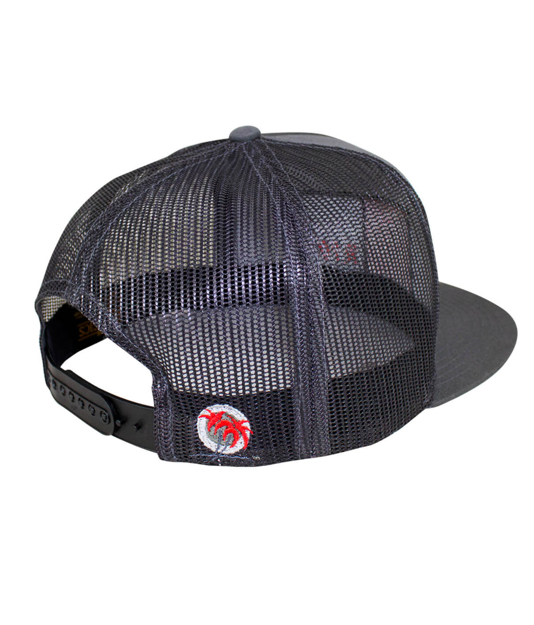 Back view of N-R Combo charcoal trucker baseball hat with black mesh and palm logo.