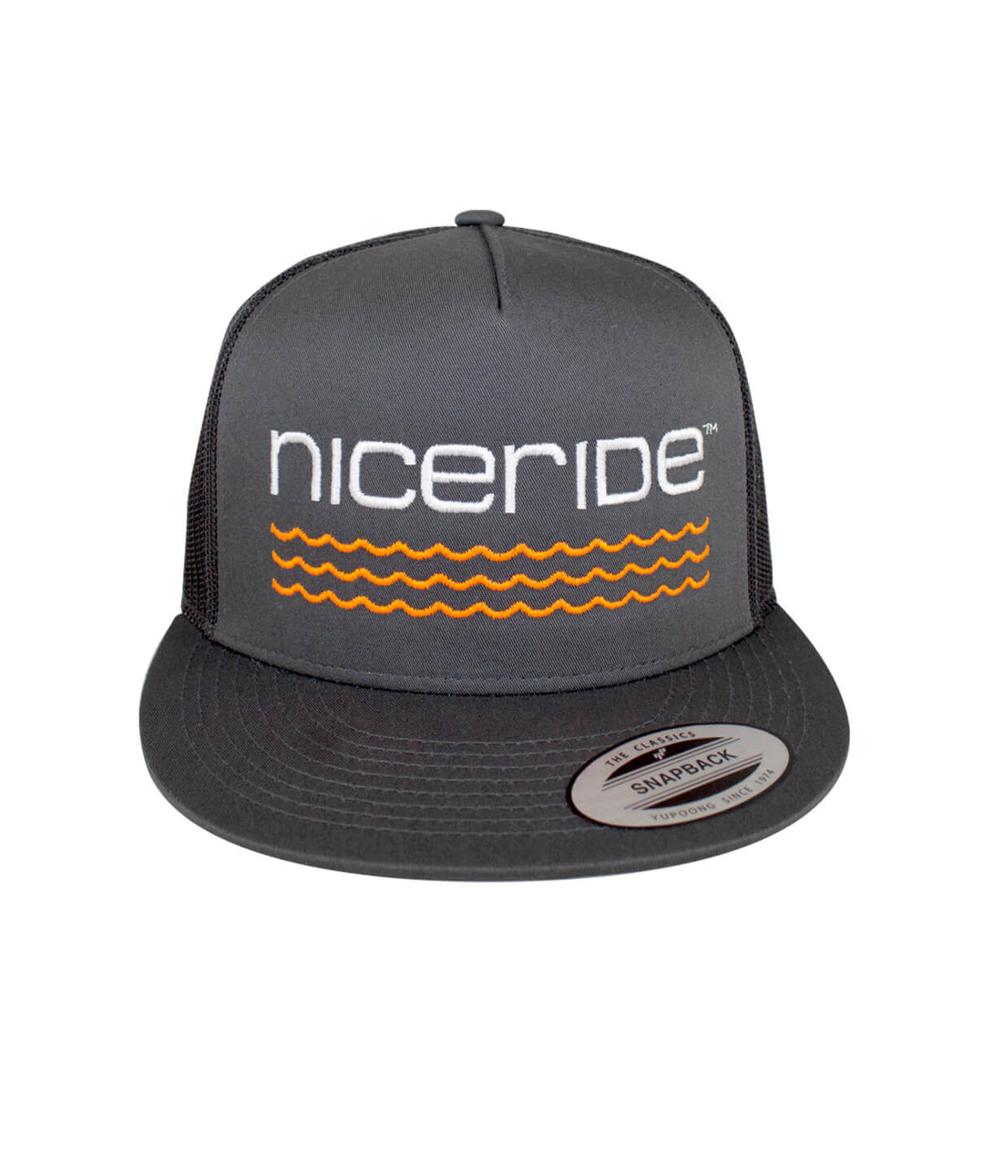 Charcoal trucker hat featuring NICERIDE logo and waves design, perfect for outdoor activities and casual wear.