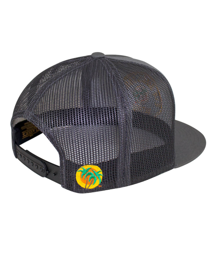 Back view of The Badge Trucker Hat showing the classic palm logo embroidered on the side, perfect hat for casual wear.