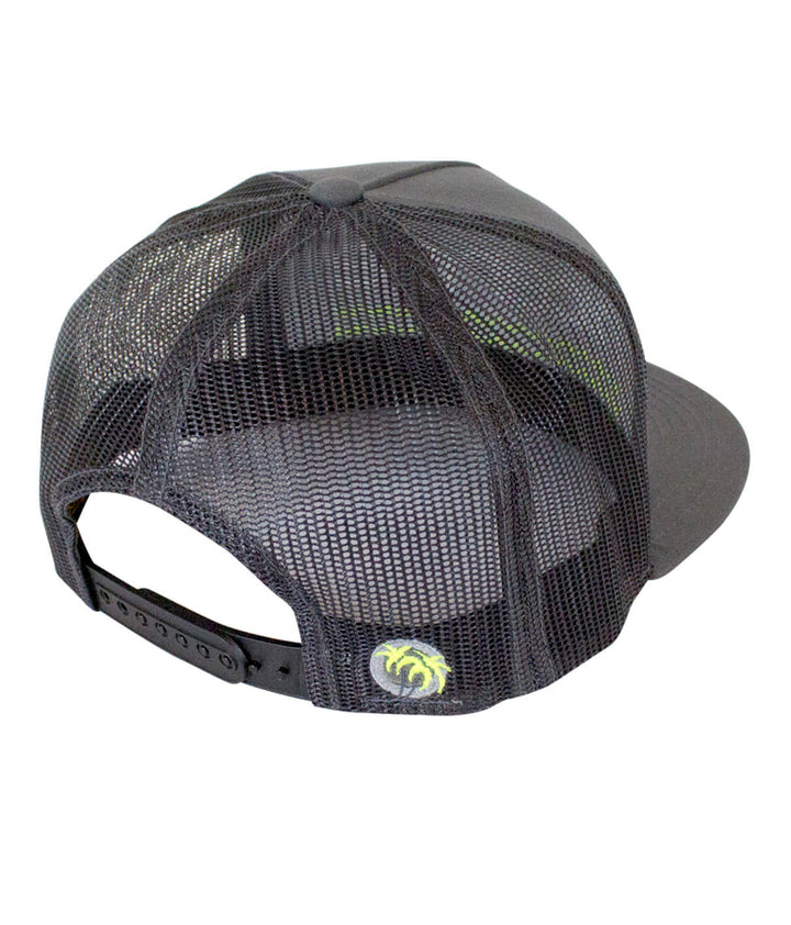 On The Water - Center Charcoal Trucker Hat back view showcasing black mesh and palm logo.
