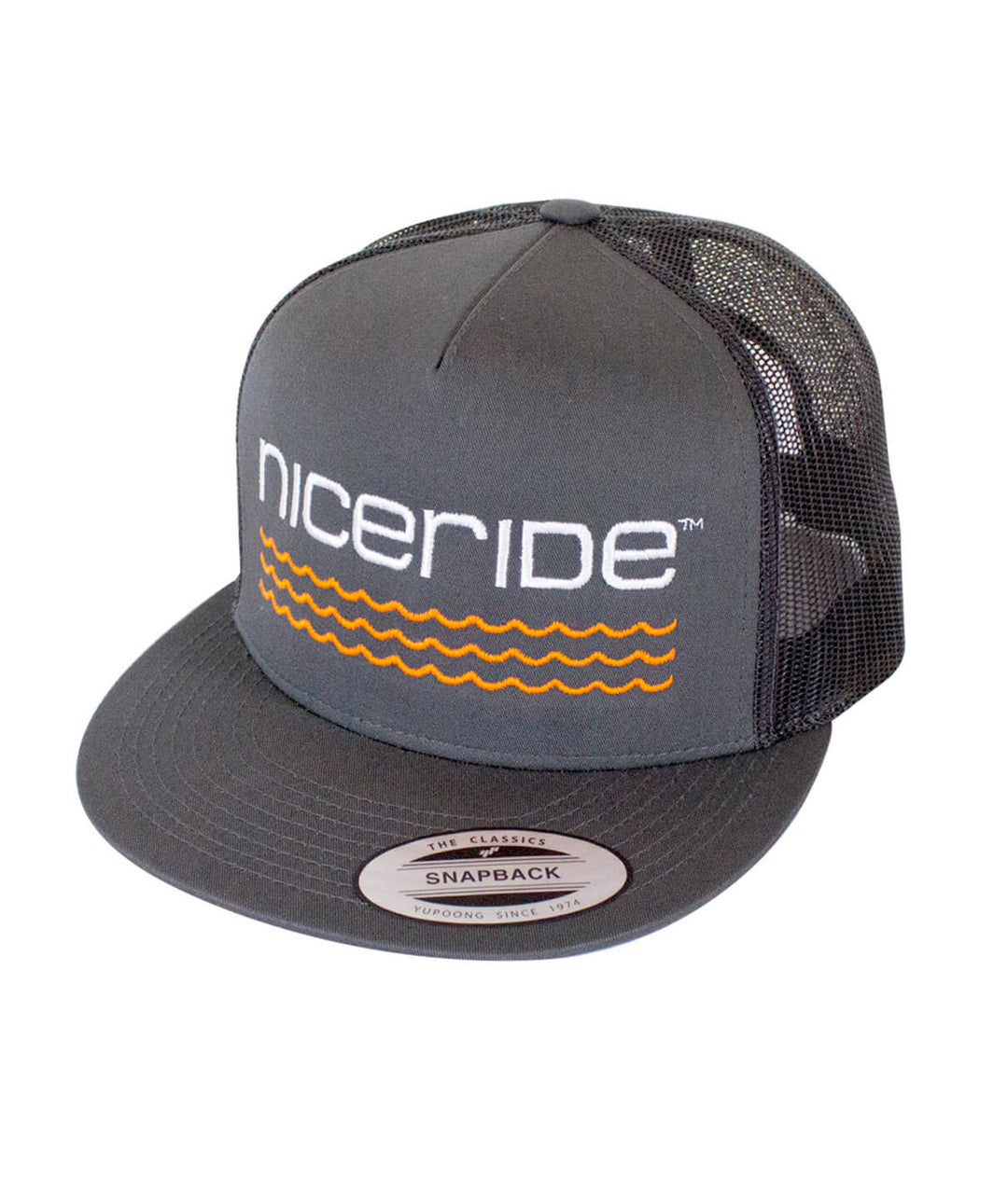 On The Water Charcoal Trucker Hat by NICERIDE, stylish snapback design for outdoor activities, featuring elegant logo.