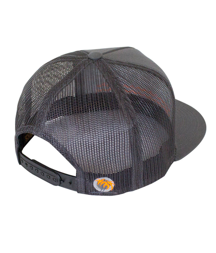 Back view of the On The Water - Center charcoal trucker hat showcasing the palm logo and mesh design.