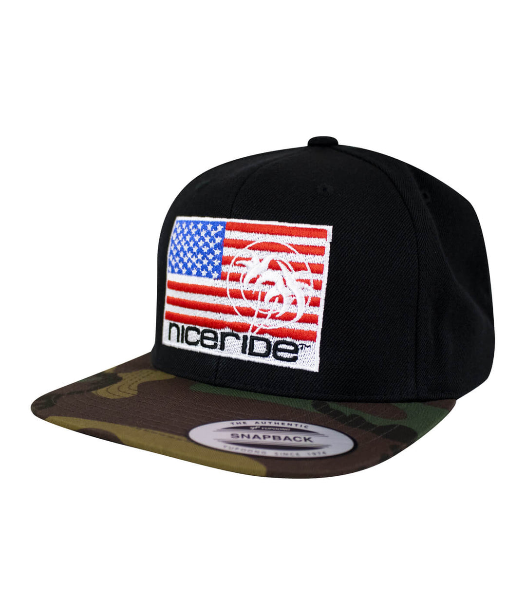 NICERIDE PRIDE camo flatbill snapback hat featuring American flag design and embroidered logo on the front.