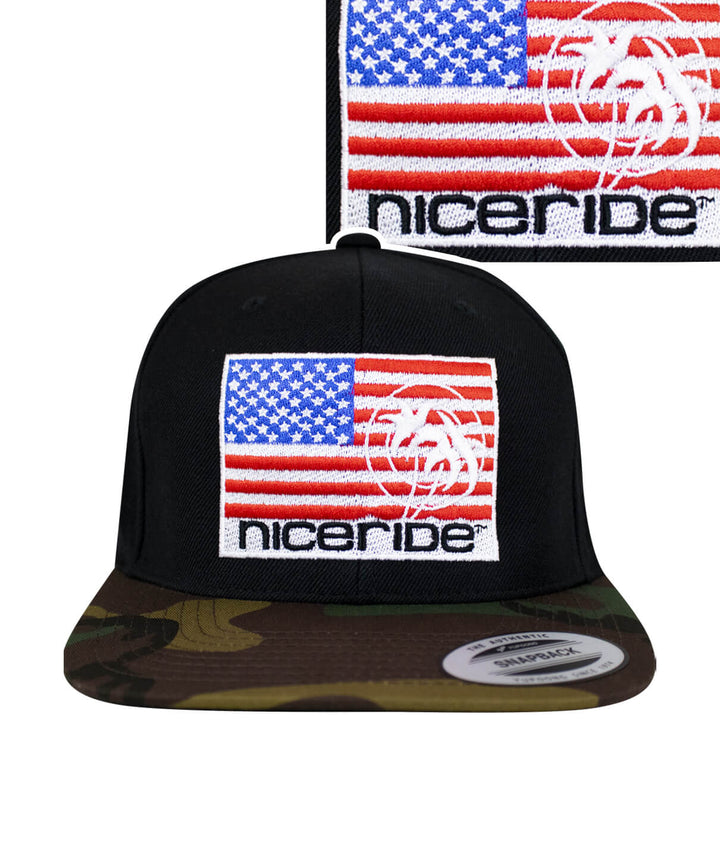 NICERIDE PRIDE camo flatbill snapback hat featuring American flag and embroidered logo design.