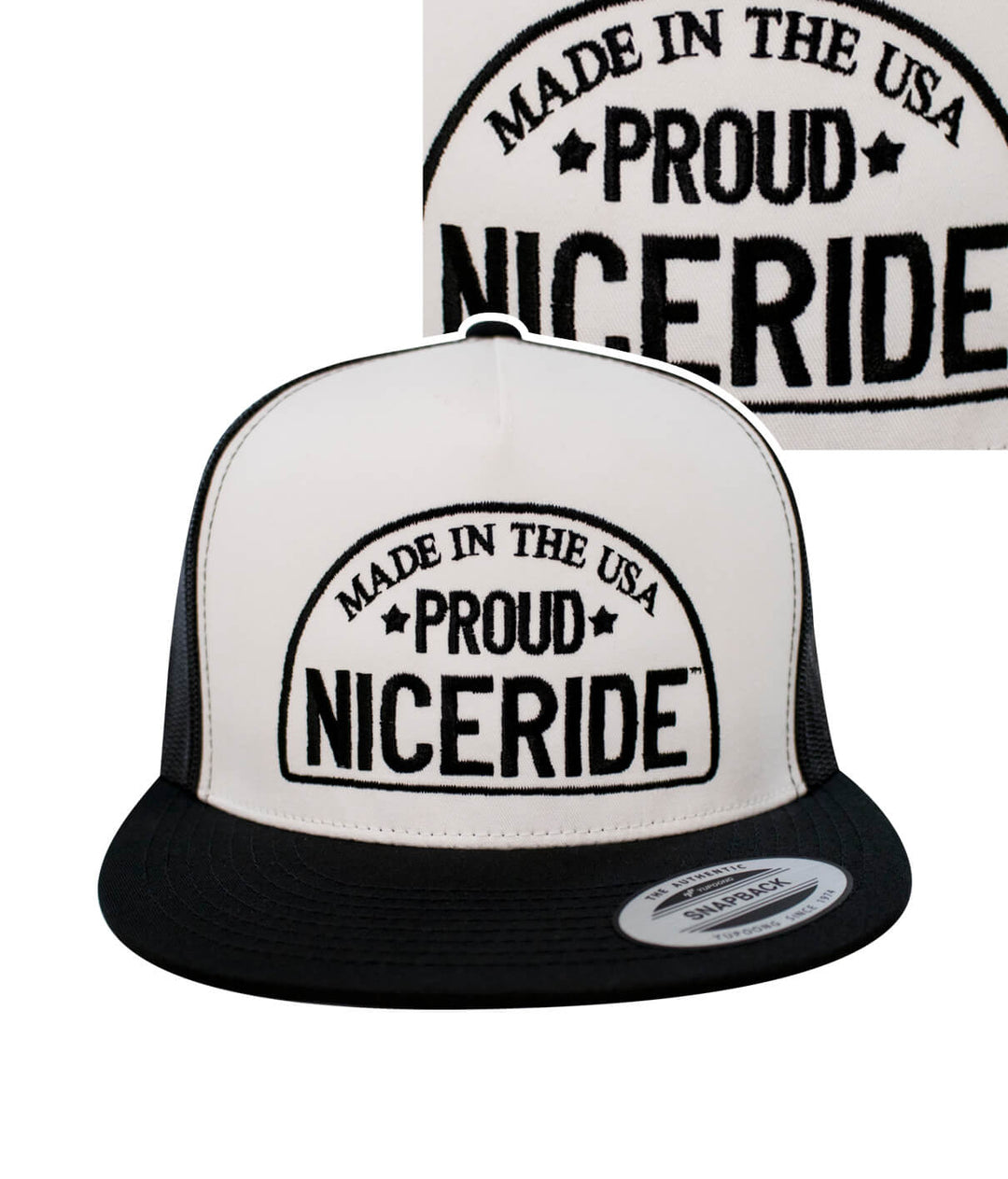 Proud Trucker Hat featuring NICERIDE design, Classic Snapback hat made in the USA.