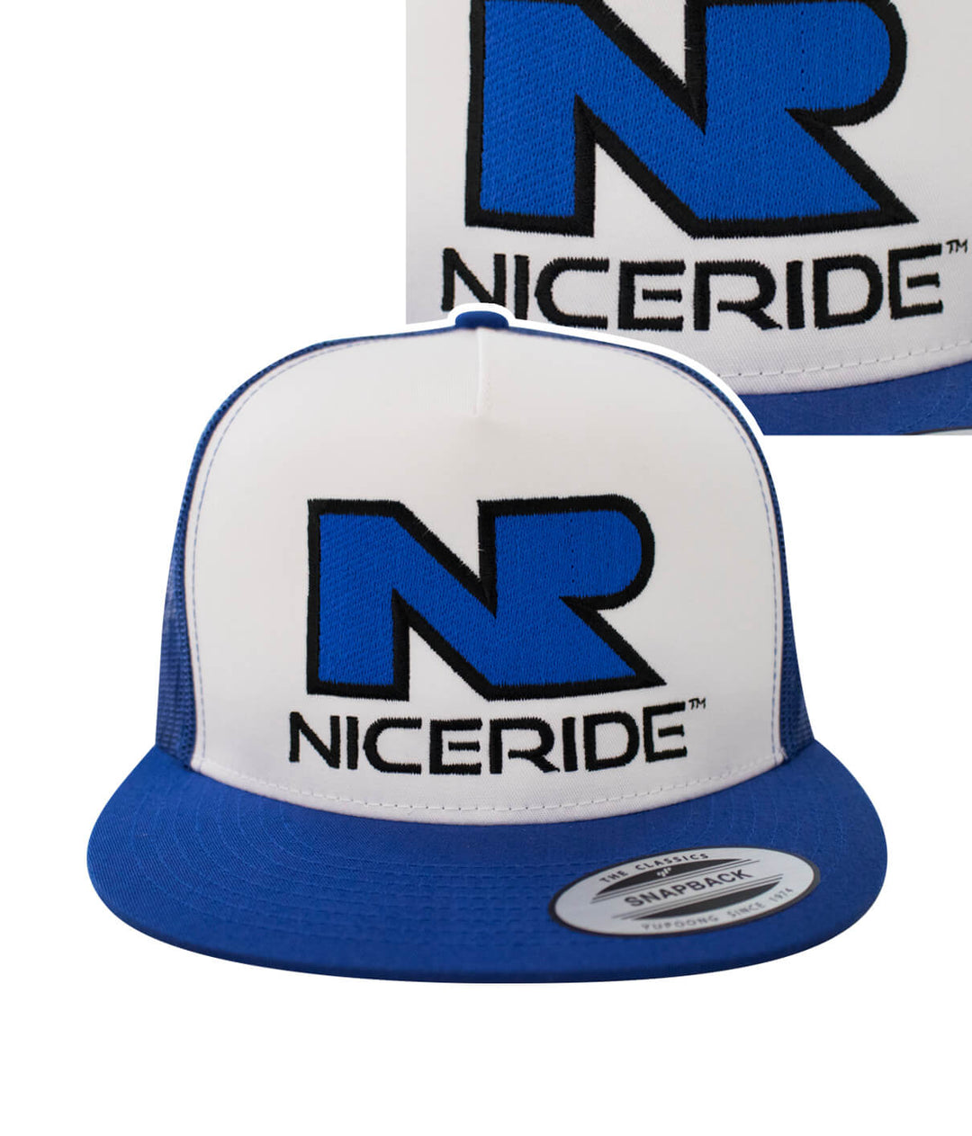 The Rock Trucker Hat featuring NICERIDE logo and blue visor, a stylish snapback hat.