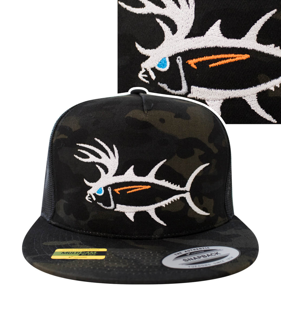 Buck-Eye Unisex Trucker Hat with embroidered fish design on black camo background, perfect fishing hat for outdoor activities.