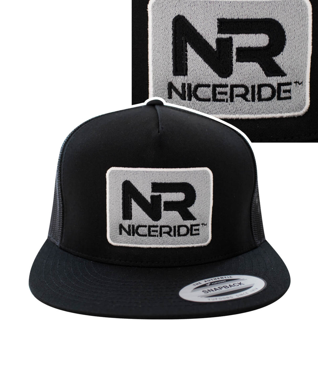 6006 Classic Snapback Trucker Hat featuring NICERIDE's embroidered logo, a stylish hat for casual wear.