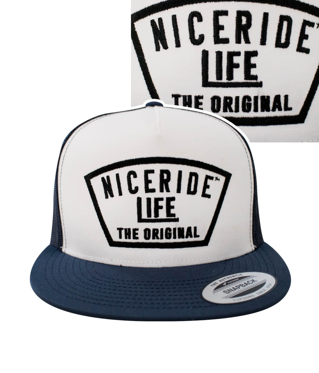 Niceride Life trucker hat featuring classic design in white and navy with embroidered logo.