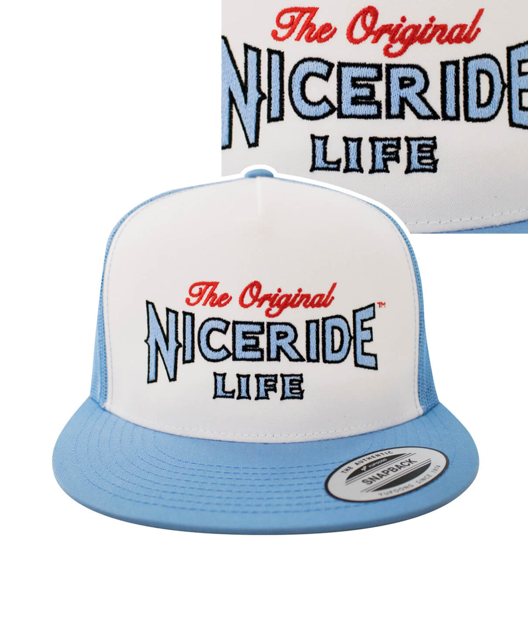 Empty Forest hat by NICERIDE, featuring a classic snapback design with embroidered text in red and blue.