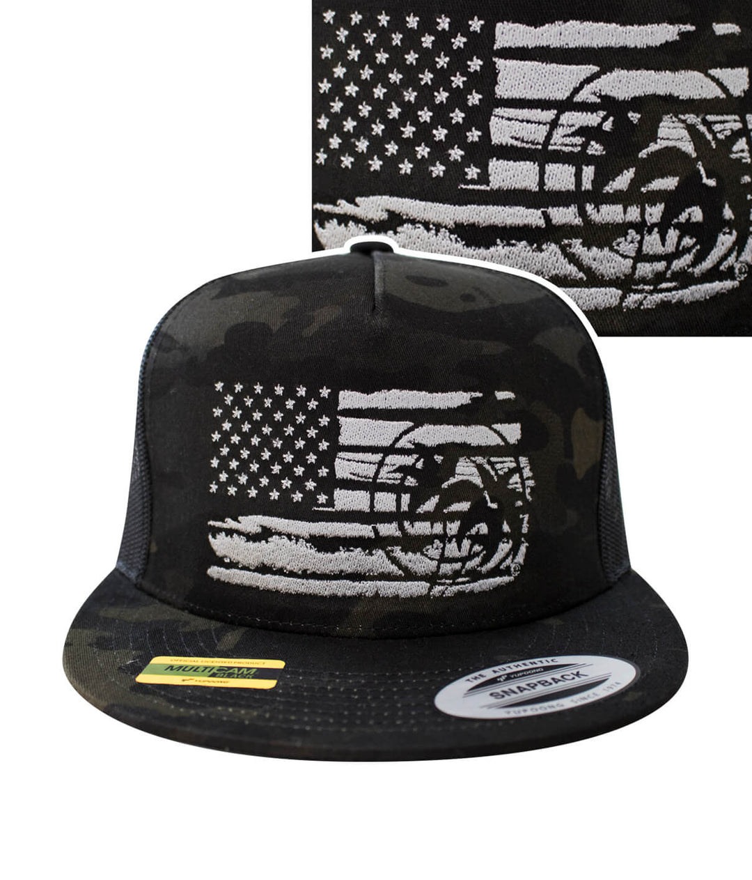 Strong Faded hat featuring a camo pattern and American flag design, perfect for stylish outdoor wear.
