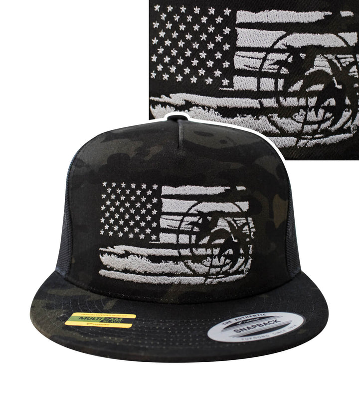 Strong Faded hat featuring a camo pattern and American flag design, perfect for stylish outdoor wear.