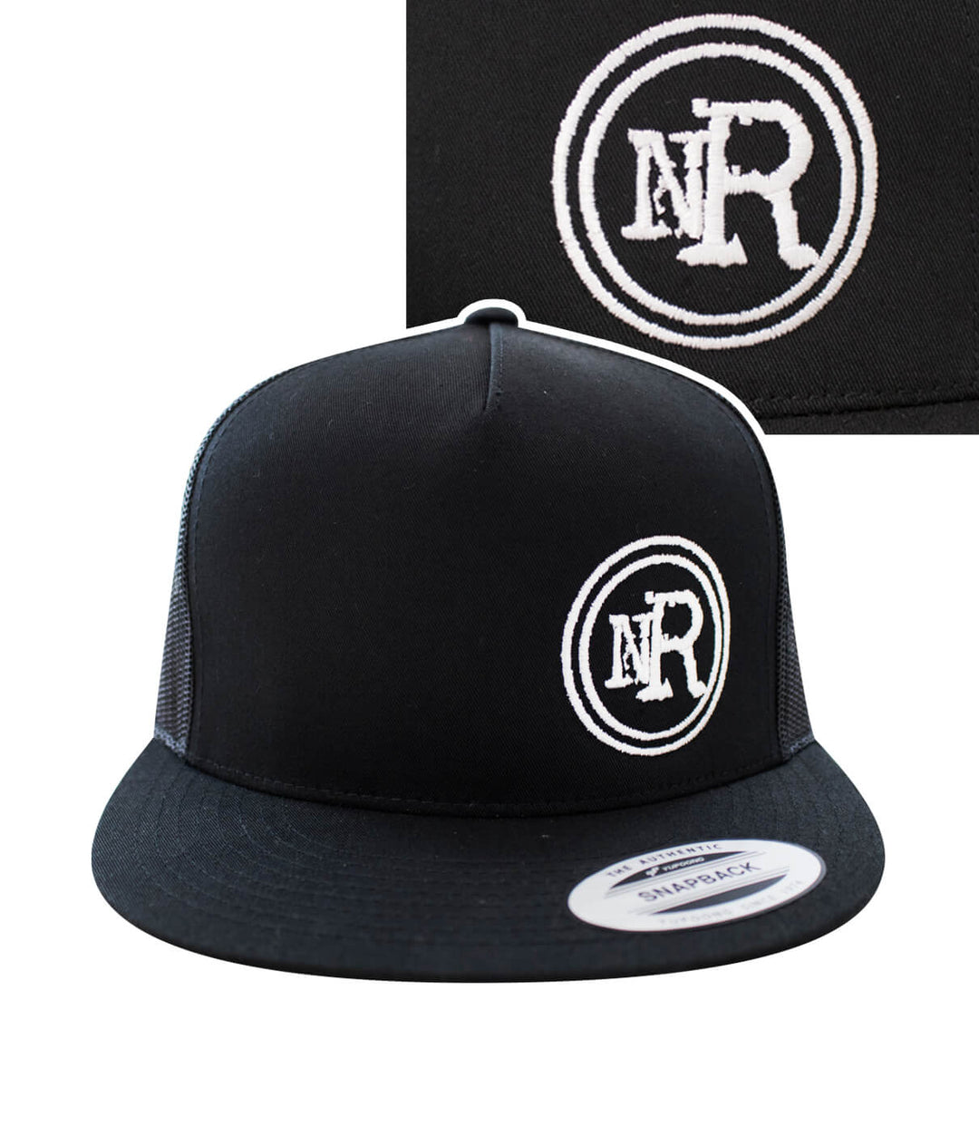 The Spot Trucker Hat, black snapback hat with NICERIDE logo embroidered on front and back.
