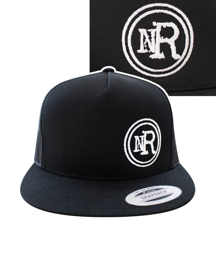 The Spot Trucker Hat, black snapback hat with NICERIDE logo embroidered on front and back.