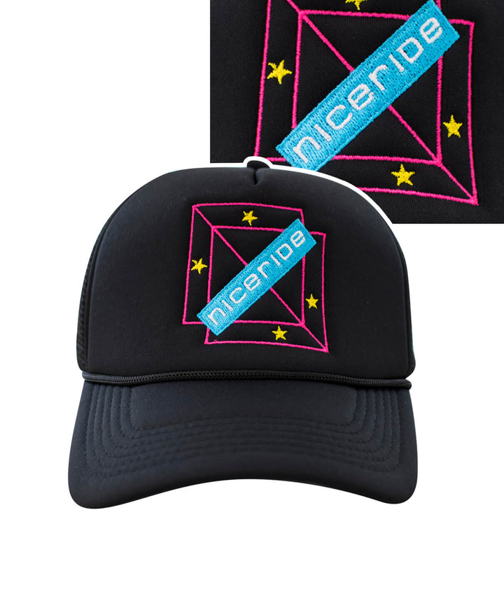Malibu Foam Trucker Hat featuring NICERIDE logo in bright colors, perfect for stylish outdoor wear, ideal hat for summer.