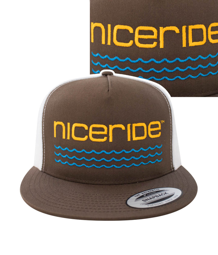 On The Water - Center hat with NICERIDE logo and waves design, brown snapback trucker baseball cap.