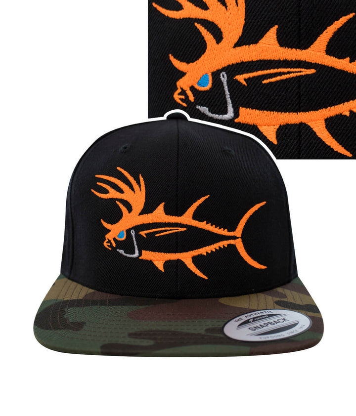 A black and camo trucker hat with a neon organe fish embroidererd on it.