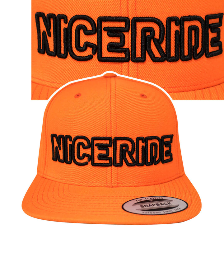 NICERIDE orange snapback hat with bold black lettering and a classic style, perfect for casual wear.