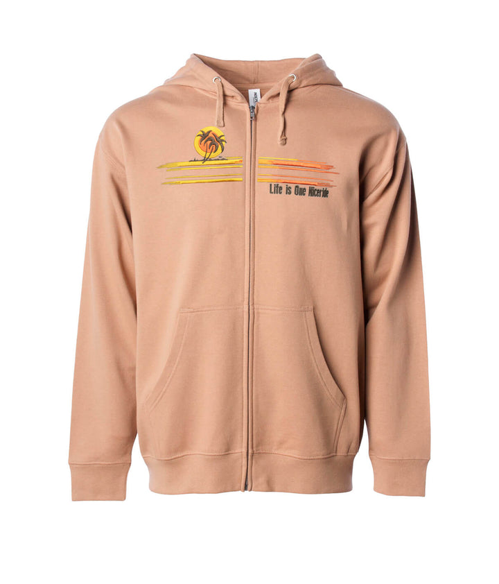 Sunset Sandstone zip up hooded sweatshirt for men and women featuring NICERIDE embroidery and soft fleece fabric.