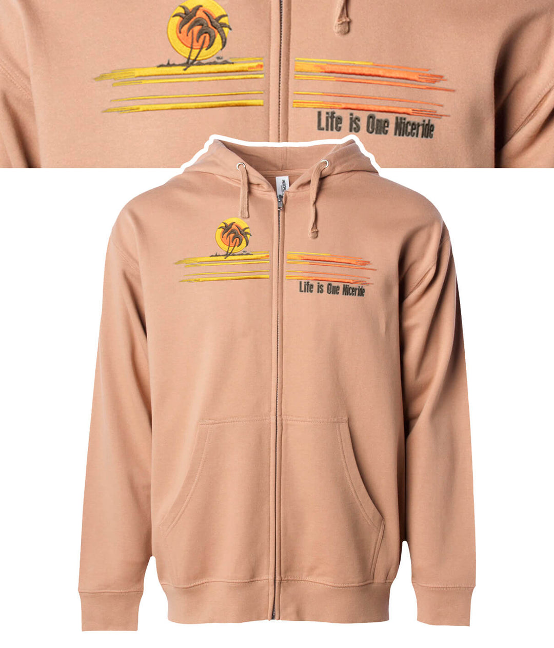 Sunset hoodie with palm tree design and "Life is One Niceride" text on a unisex zip up sweatshirt.