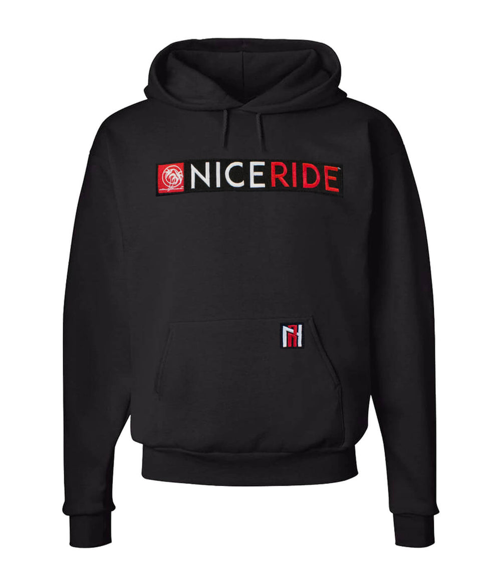 N-R Combo black pullover hoodie for men and women with NICERIDE design embroidered on the chest, perfect stylish hoodie.