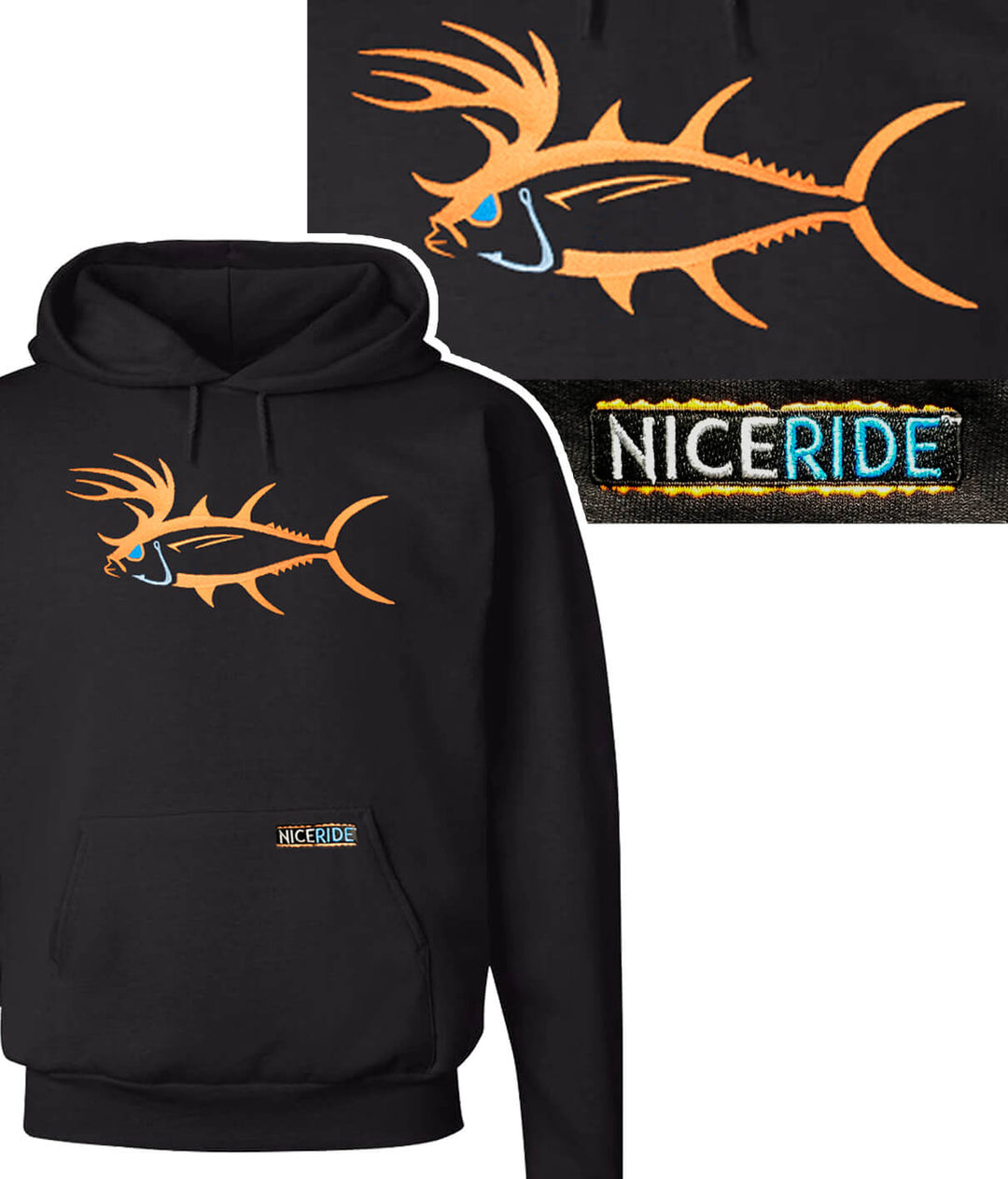 Black pullover hoodie featuring NICERIDE&