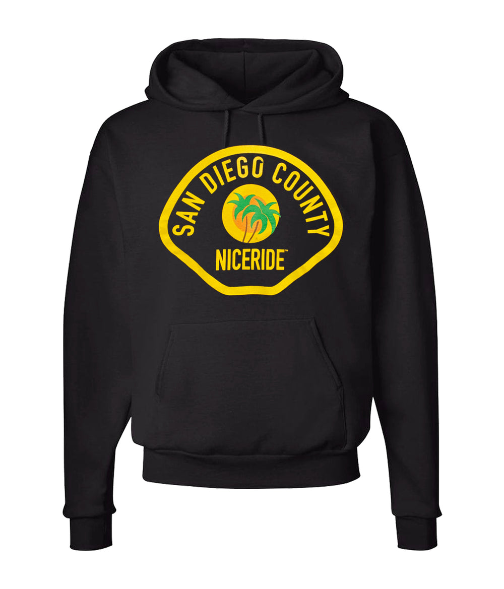 Black pullover hoodie featuring NICERIDE's San Diego County design with palm logo, perfect for casual wear.