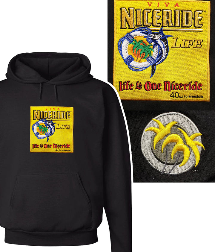 Black unisex hoodie featuring Viva NICERIDE logo and palm design, perfect for casual wear.