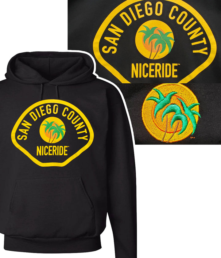 Black unisex pullover hoodie featuring NICERIDE&