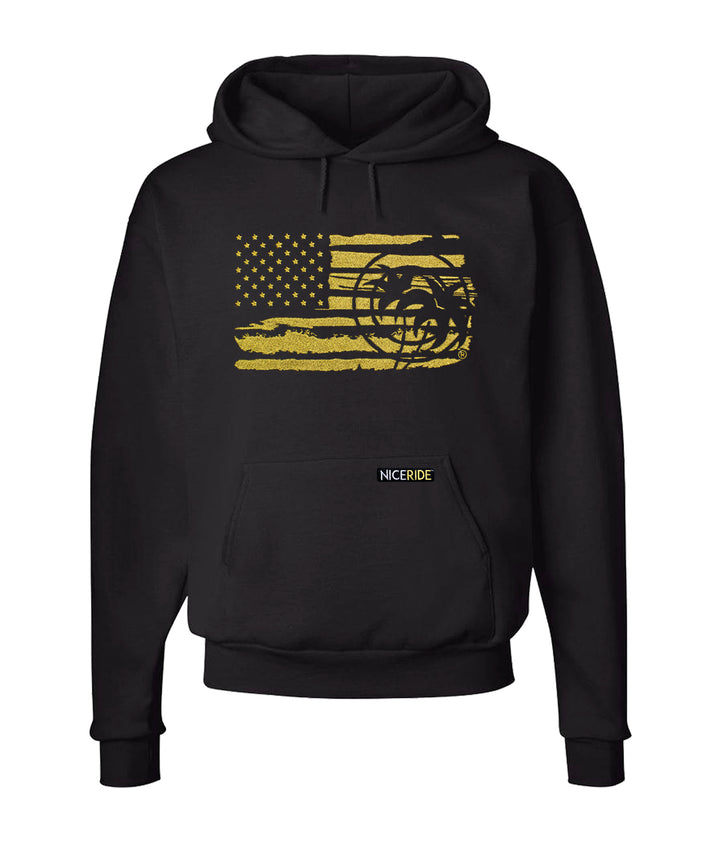 Black pullover hoodie with American flag design and NICERIDE logo, unisex stylish and comfortable hoodie.