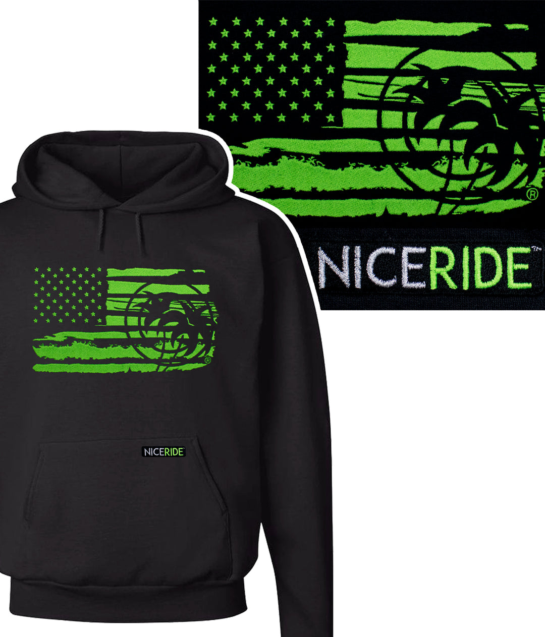 Strong Faded black pullover hoodie for men and women with American flag and NICERIDE design embroidered.