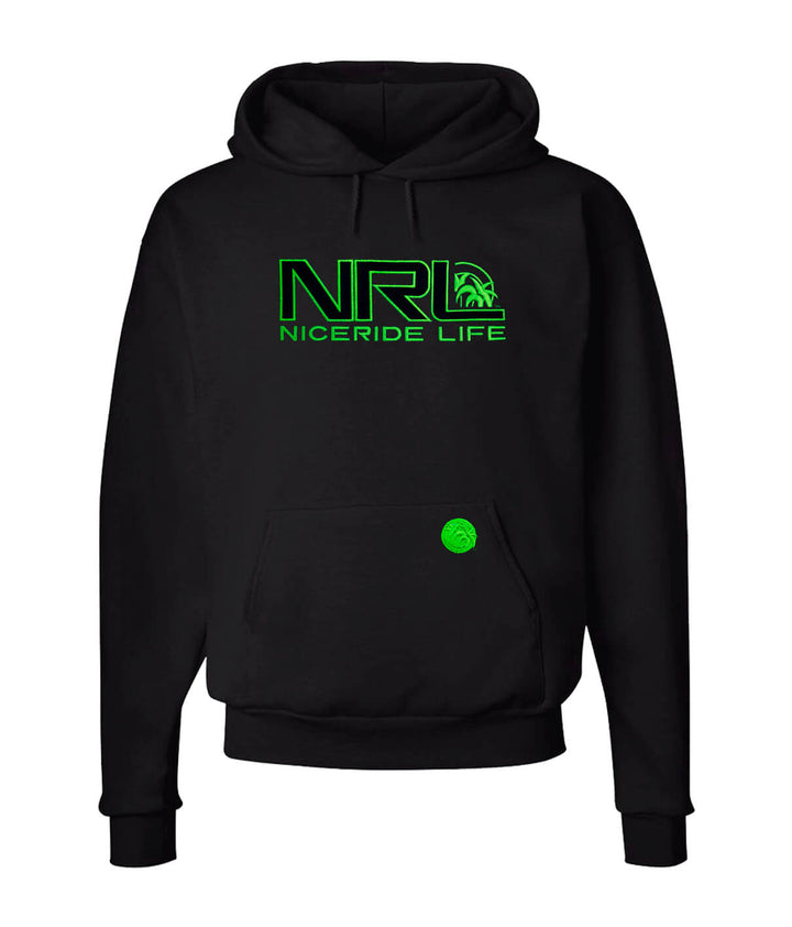 Bulls Eye black hoodie for men and women with NICERIDE Life logo and green stitching, perfect for indoor and outdoor activities.