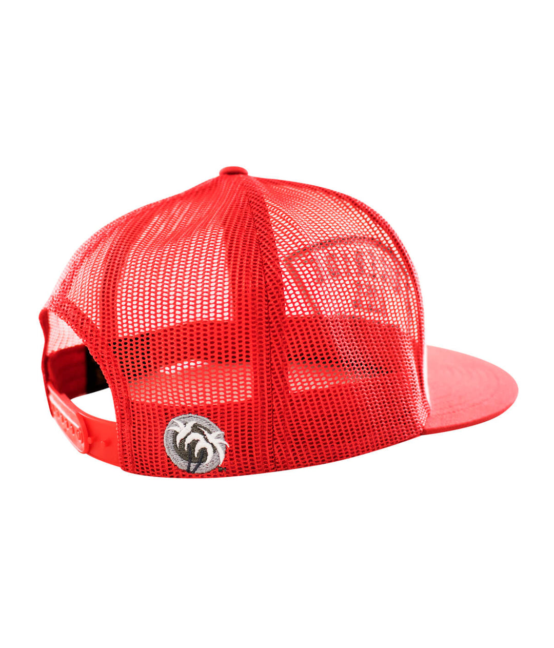 Back view of red Grinder Trucker Hat featuring mesh design and classic palm logo.