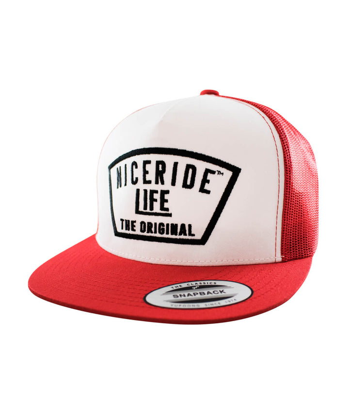Grinder Trucker Hat featuring NICERIDE design with red and white colors, a snapback closure and embroidered logos.
