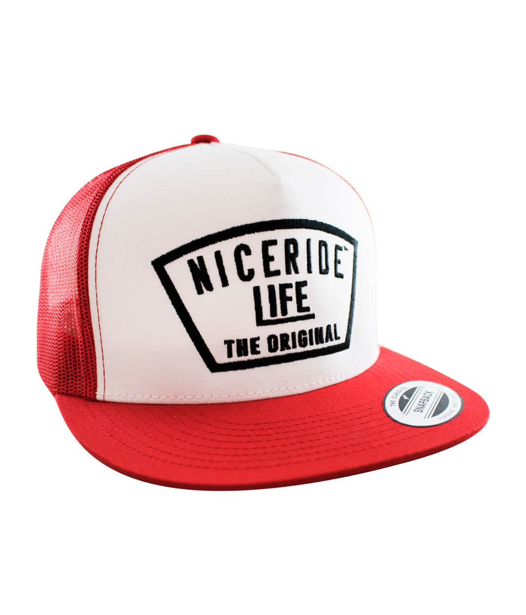 Grinder Trucker Hat by NICERIDE featuring a bold design in red and white, perfect trendy hat for casual wear.