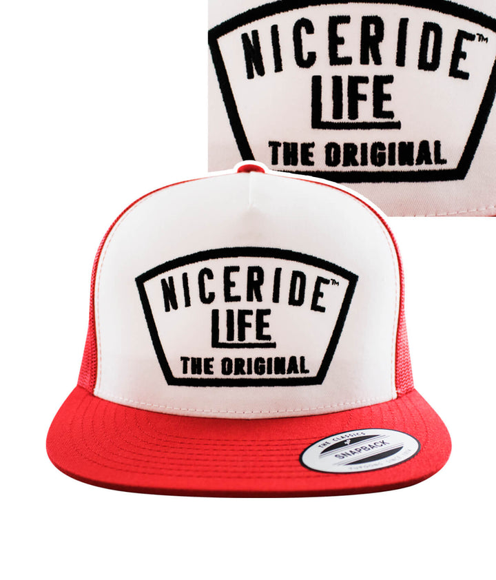 Grinder Trucker Hat with NICERIDE design, snapback style, red and white color, hat for casual wear.