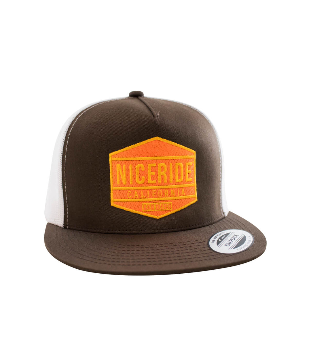 NICERIDE California trucker hat with a brown and white design and bright orange logo on the front panel.