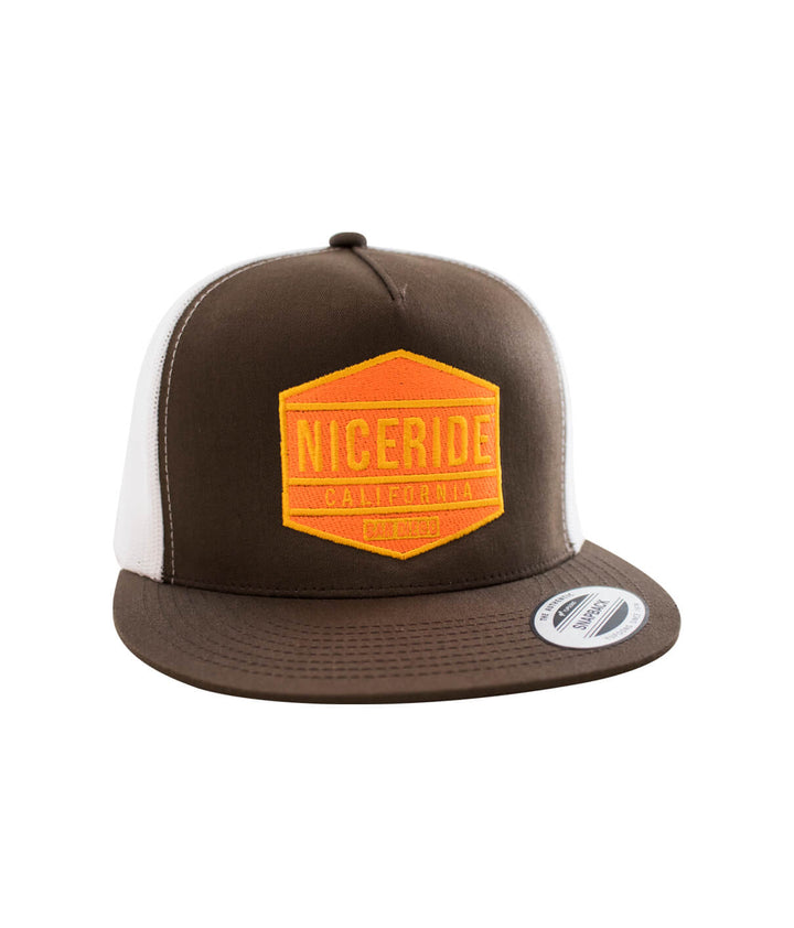 NICERIDE California trucker hat with a brown and white design and bright orange logo on the front panel.