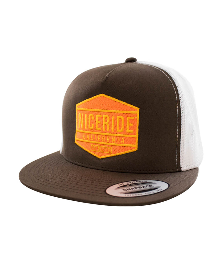Good Times Trucker Hat with NICERIDE logo, snapback baseball cap in brown and orange color design.