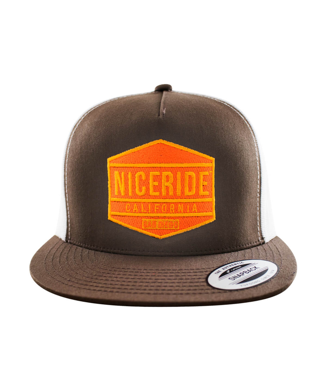 Good Times Trucker Hat by NICERIDE featuring a brown color and bright orange embroidered logo.