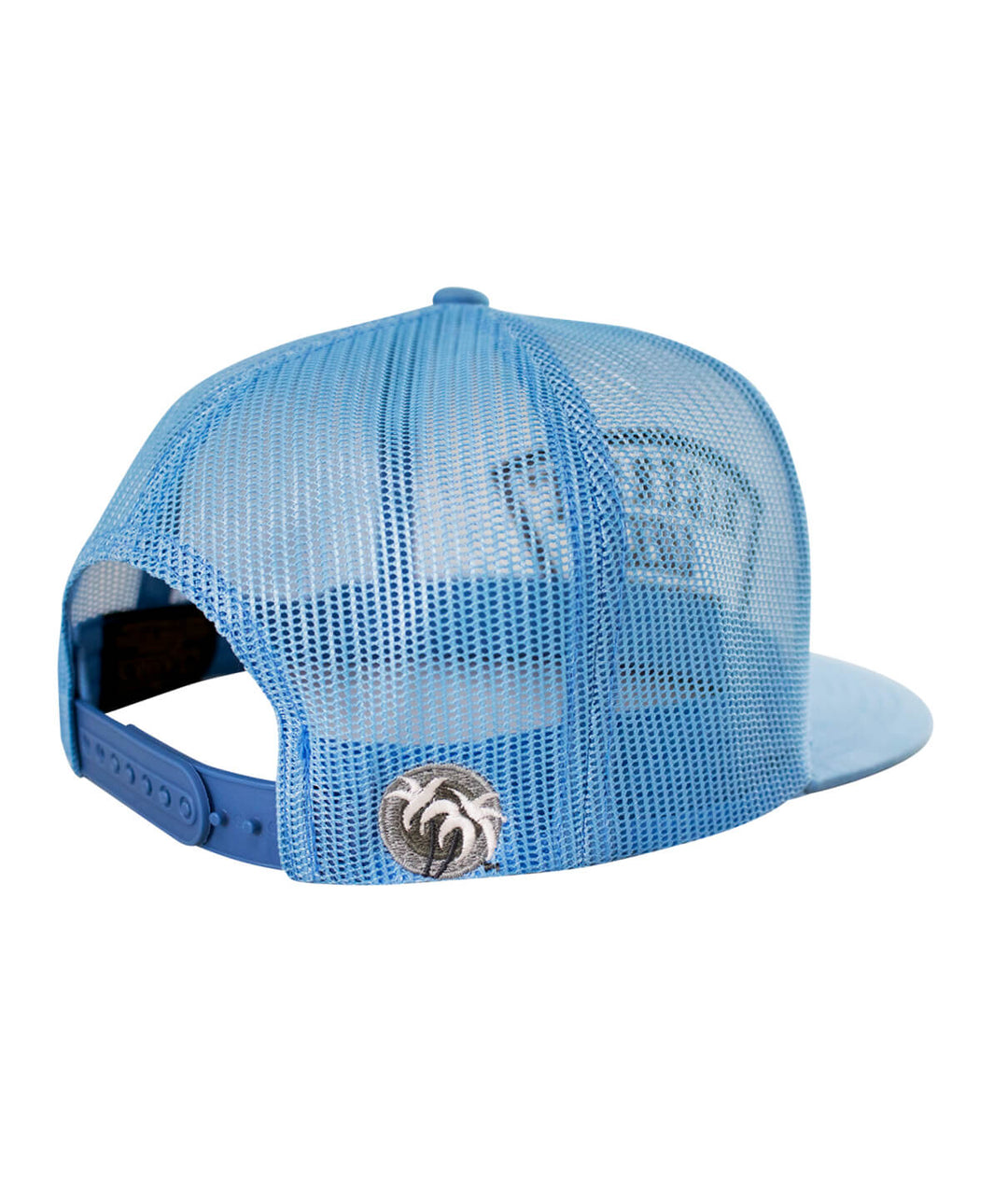 Back view of the Grinder Trucker Hat showing mesh design and embroidered classic palm logo.