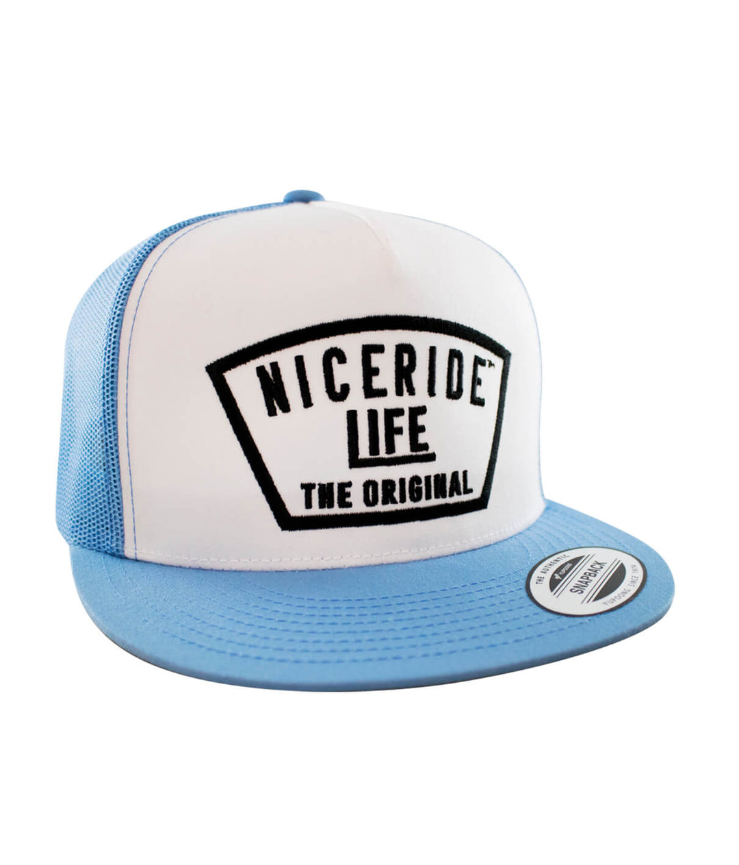 Classic white and blue NICERIDE snapback hat with embroidered logo, perfect for casual wear.