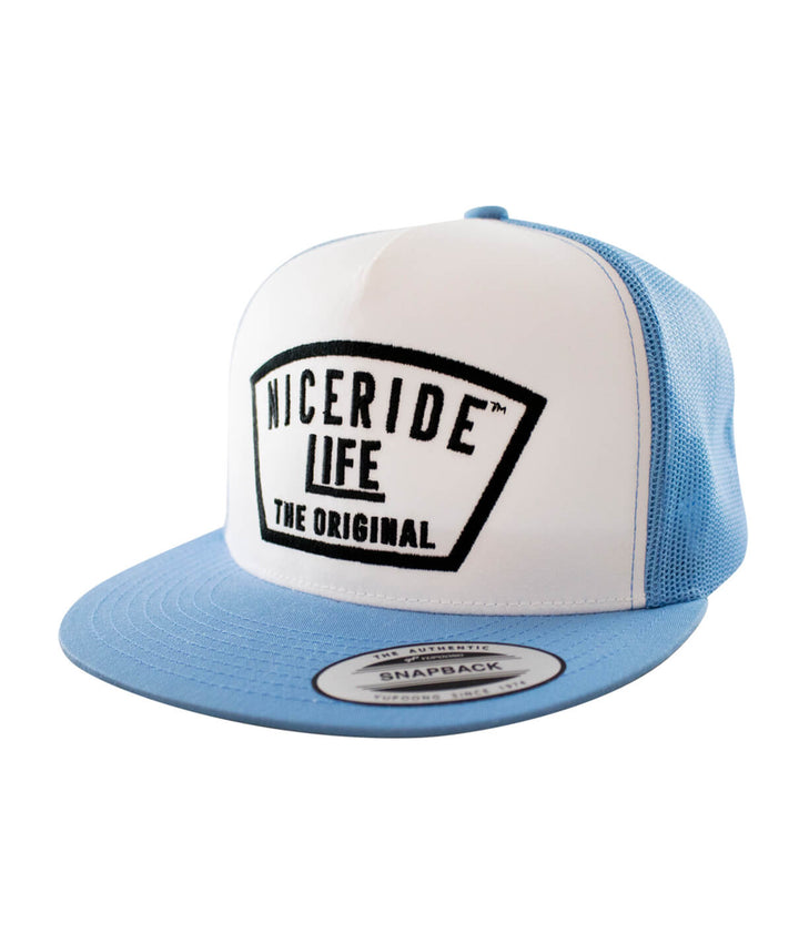 Grinder Trucker Hat, NICERIDE design snapback hat in blue with embroidered logo, perfect for casual wear.